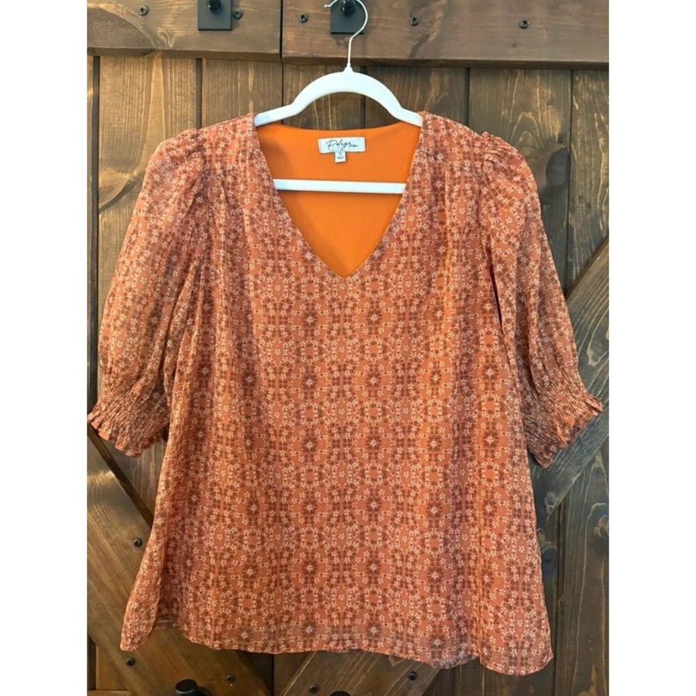Polagram Orange-Rust Smocked Sleeve Top